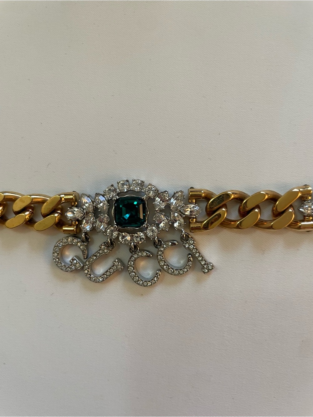 Gucci Chain Choker with Emerald Green Stones and Crystal Accents